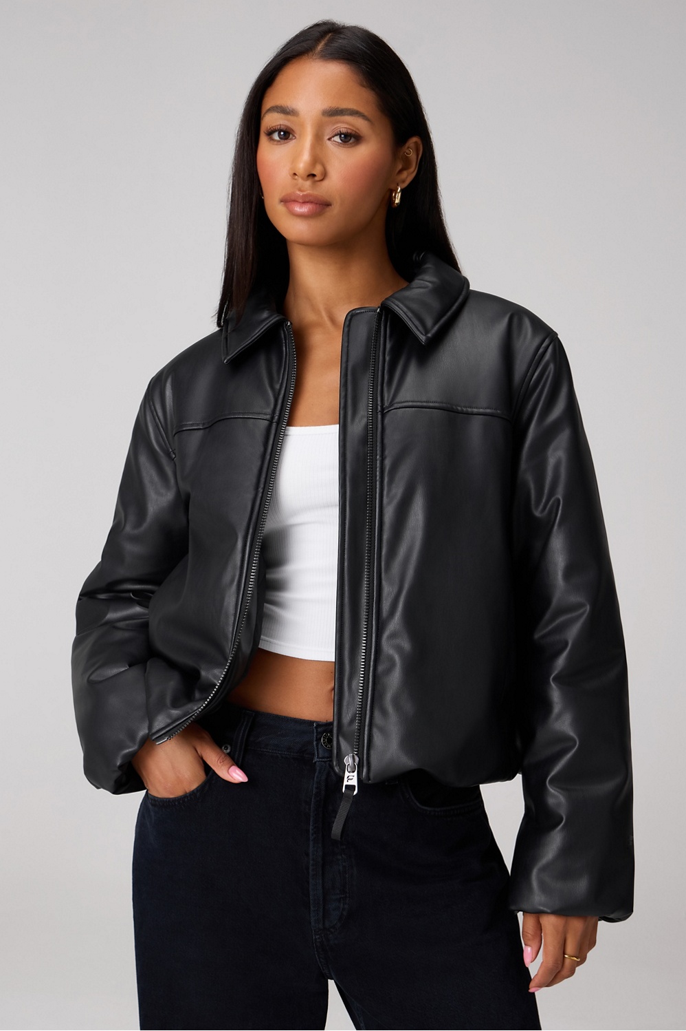 Faux Leather Padded Bomber Jacket