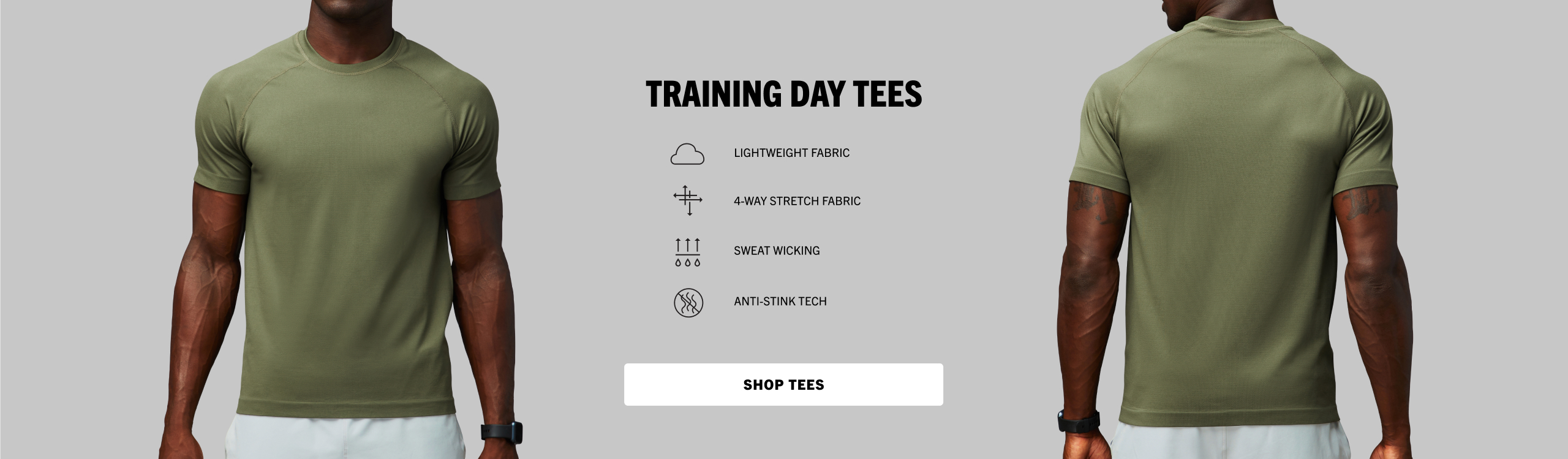 Click to shop our training day tees. Featuring lightweight fabric, 4-way stretch, sweat wicking and anti-stink tech.
