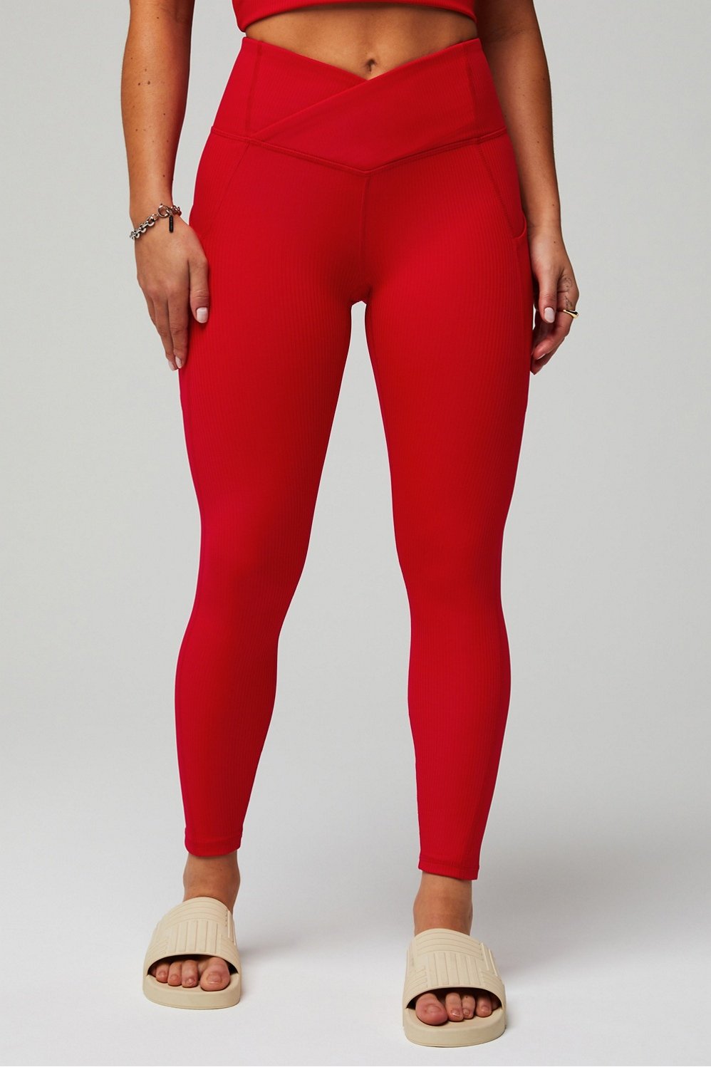 Fabletics NWT Crushed Velour Crossover Leggings Strawberry Red