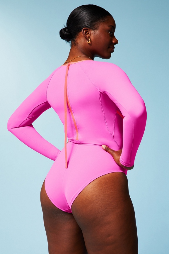Sexy Zipper One Piece Swimsuit Neon Long Sleeve Sports Swimwear