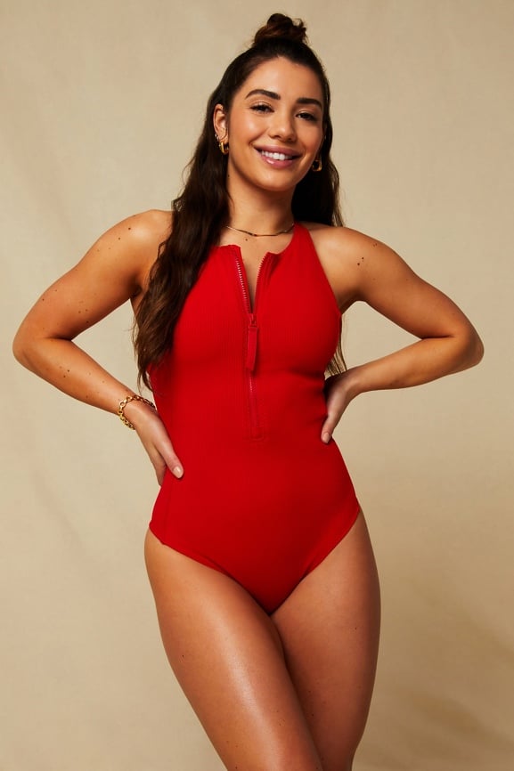 Red zip up swimsuit on sale